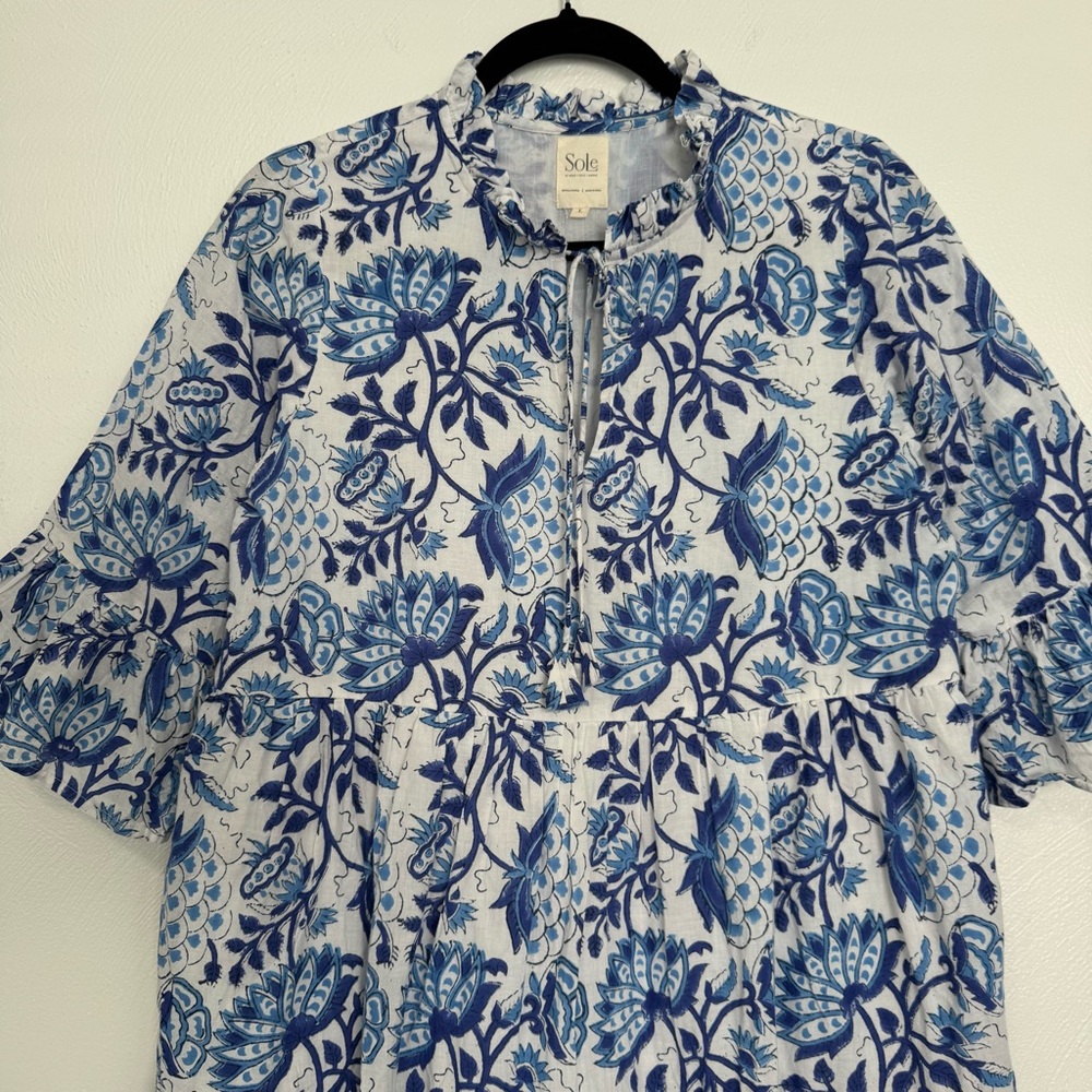 SoLe‎ By Mare Sole Amore Dress Women’s Large Blue Floral Cotton Resortwear Boho - Picture 2 of 11